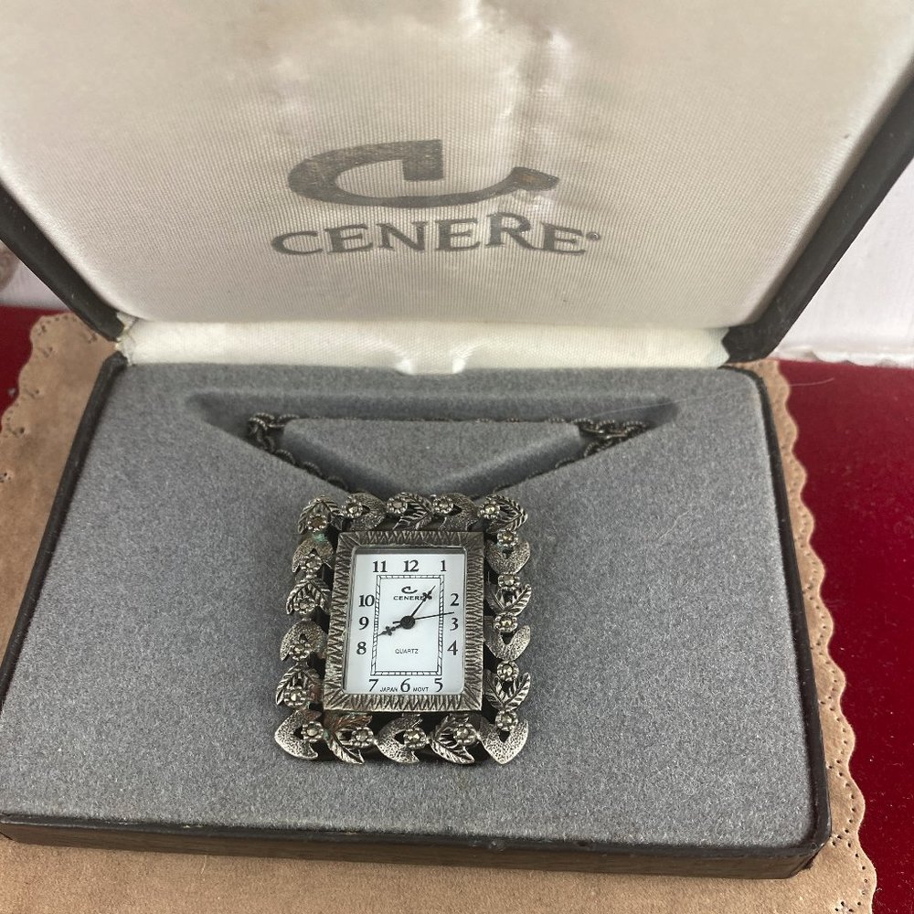 Vintage Unique Cenere Art Deco Pendant Watch with Marcasite set in Pewter